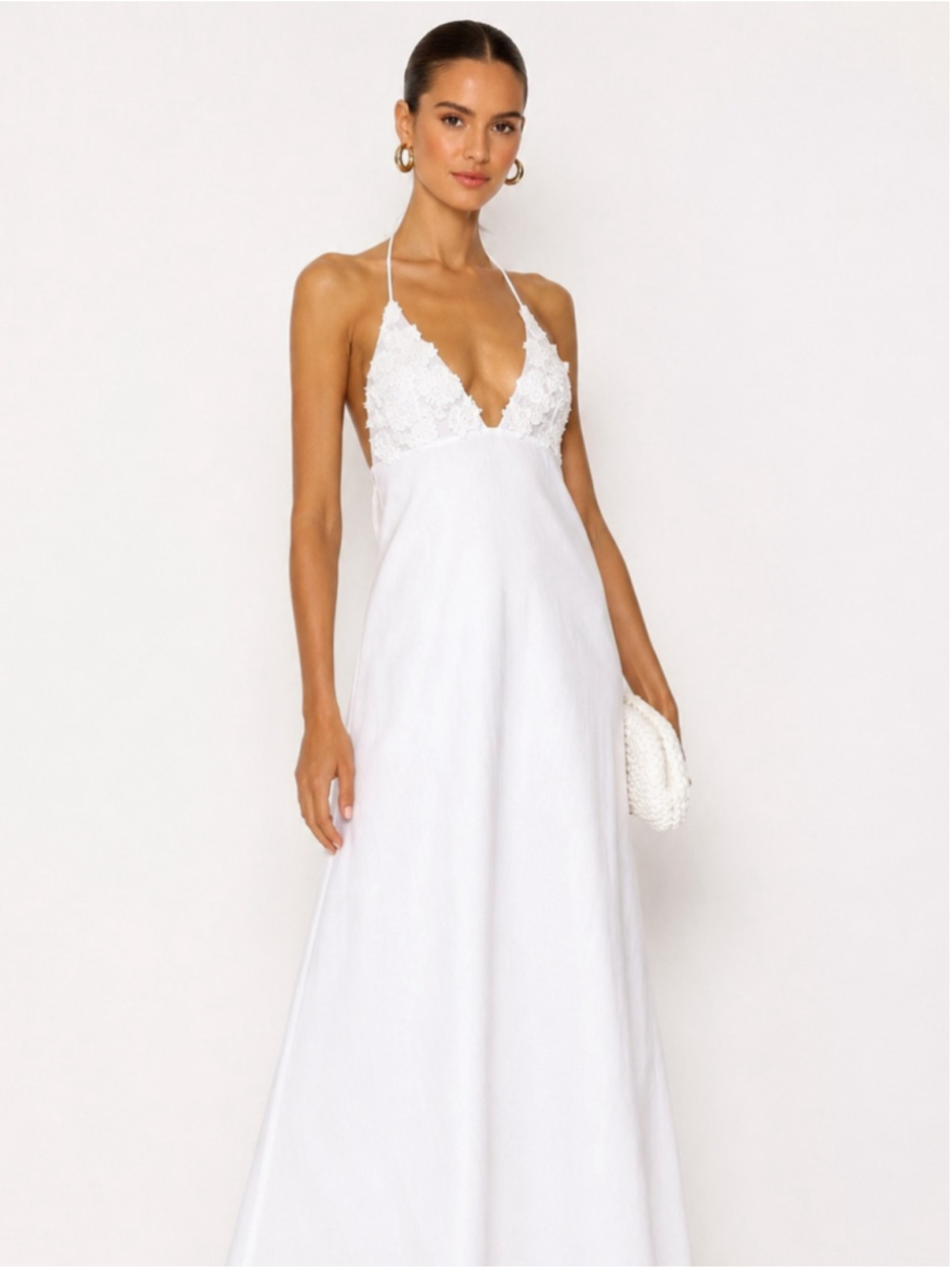 Zara White Cotton Lace Halter Maxi Dress Size L Open Back